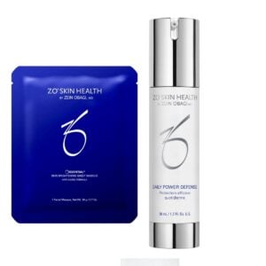 The ZO Skin Health Skin Brightening Sheet Masque, paired with a mini Daily Power Defence